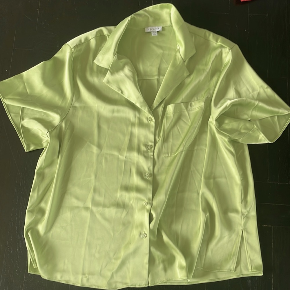 Lime Green Relaxed Fit Satin Topshop Button-Down Shirt